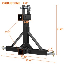3 Point Trailer Hitch with Dual 2” Receiver, Black 3 Point Hitch Receiver for Standard 2” Receiver and 5th Wheel/Goose Neck Connections, 3 Pt Quick Hitch Farm Equipment and Subcompact Trailer Hitch
