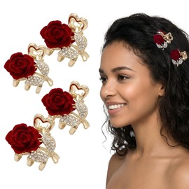 WENJESO Red Rose Rhinestone Hair Claw Set of 4, Small Size, Light and Luxury Design, For Princess Hair, Half Knot on the Back