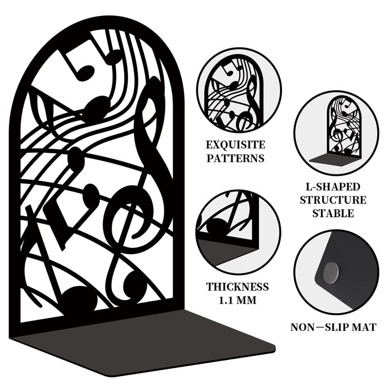 BEUNITONE Musical Metal Book Ends Non-Skid Black Unique Bookend Decorative