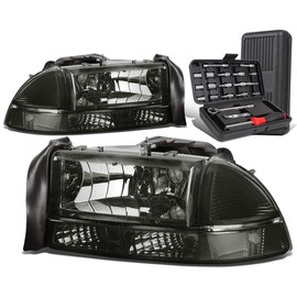 Auto Dynasty Smoked Housing Clear Corner Headlight w/Bumper Lamps+Tool Kit Compatible with Dodge Dakota Durango 97-04