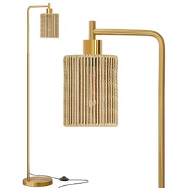 Oneach 66" Gold Floor Lamp for Living Room, Boho Floor Lamp with LED Bulb, Foot Switch, Rattan Shade, Industrial Tall Farmhouse Standing Lamp for Bedroom, Dining Room, Study Room, Office