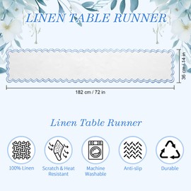 Windkream 72 Inches Scalloped Edge Table Runner, Double Linen Fabric Table Runner Outdoor, Rustic Dining Decor for House Kitchen Coffee (Sky Blue,White)