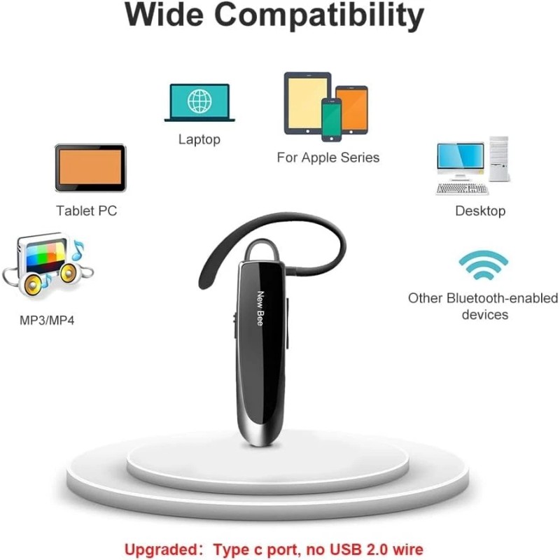 New bee Bluetooth Earpiece V5.0 Wireless Handsfree Headset with Microphone