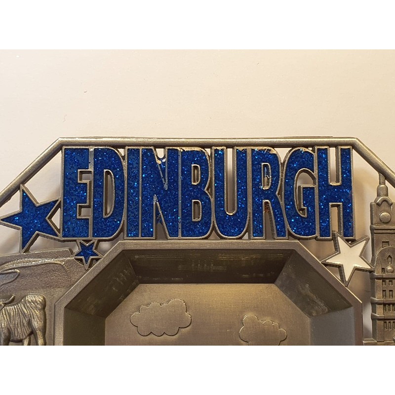 Edinburgh Scotland Metal Ashtray - Castle/Scottish Piper/Highland Cattle/Words in Blue