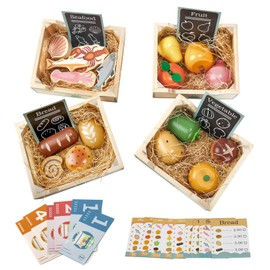 JugueteLand Food Groups,36PCS Wooden Food for Play Kitchen Pretend Realistic Play Food Play Kitchen Accessories,Play Fake Food and 4 Crates for 1 2 3 4 5 Year Old Boys Girls Birthday