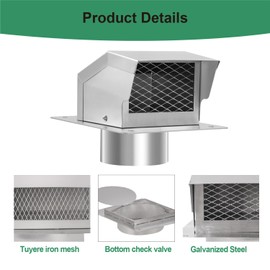 LTSEAME Stainless Steel 4Inch Roof Vent Kit, Removable Roof Vent, Bathroom Exhaust Roof Vent for Dryer, Galvanized Steel with Damper,5FT Aluminum Ducting and Duct Clamps (4IN)