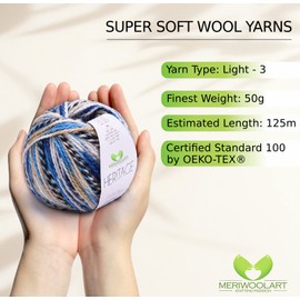 MeriWoolArt Merino Wool for Knitting and Crocheting - 125 m Multicoloured Thick Soft Merino Wool Yarn for Pullover Jackets - DIY Acrylic Knitting Yarn for Scarves, Neckerchiefs, Socks and Winter Gifts