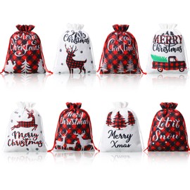 Shappy 16 Pieces Burlap Christmas Bags, 6 x 8 Inch, Christmas Small Candy Gift Mini Bags with Drawstring for Xmas Holiday Party Favors (Buffalo Plaid)