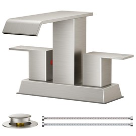 FORIOUS Brushed Nickel Bathroom Faucets 2 Hole or 3 Holes, 4 Inch Centerset Waterfall Bathroom Sink Faucet with Metal Pop-up Drain and CUPC Hose, 2 Handle Faucet for Bathroom Sink