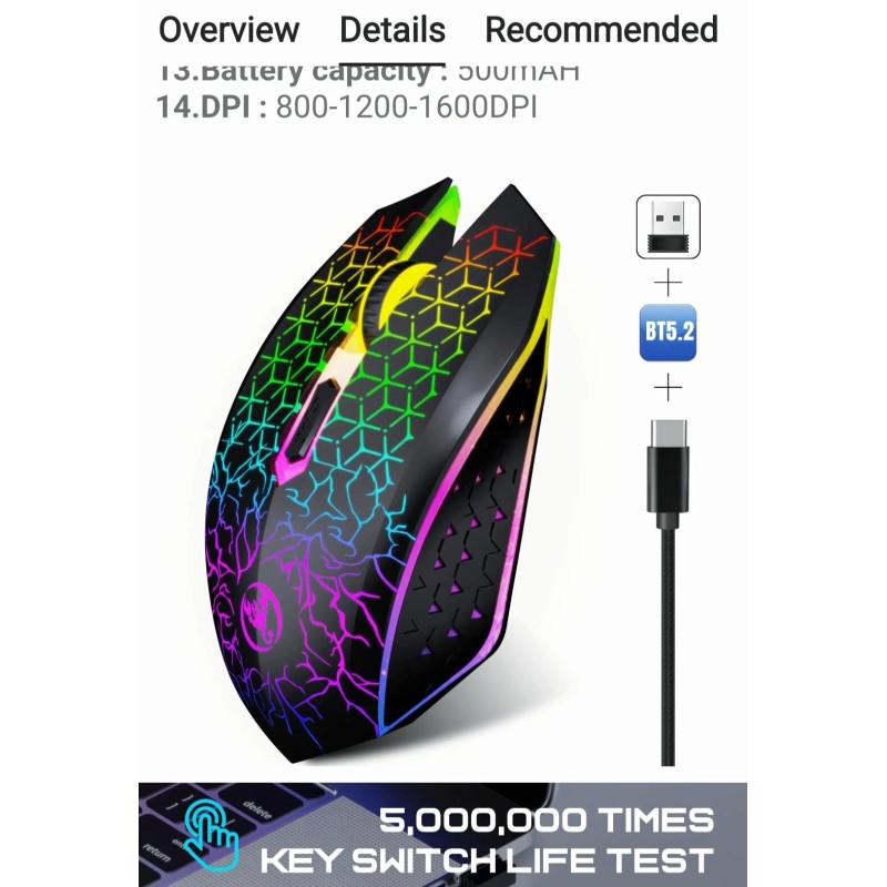 HXSJ New Wireless GAMING MOUSE back Lite 6 keys LED