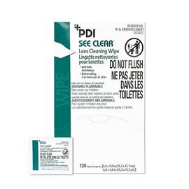 PDI See Clear Lens Cleaning Wipes, Non-Streaking & Anti-Static for Glasses, Eyeglasses, Loupes & Safety Eyewear, 1 Box of 120 Individually Wrapped Packets, Large 6" x 5"