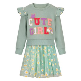 WISREMT Toddler Girls Dress Baby Fall Clothes Letter Embroidery Long Sleeve Sweatshirt and Tutu Skirt Girl Birthday Outfit (Green, 2-3T)