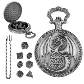 Mini DND Dice Set with Pocket Watch Case with Dragon Engraving, 7-Piece Polyhedral Metal D&D Dice Set (Dark Silver)