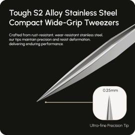 DURI Tough S2 Alloy Stainless Steel Compact Wide-Grip Tweezers Ultra-fine Precision Tip for Superior Handling Electronics Soldering Welding Experimental Work Jewellery-Making, Sewing DIY Crafts