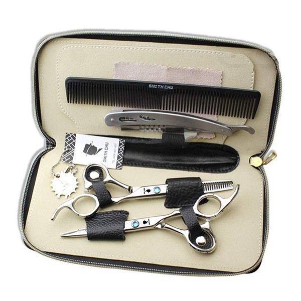 1 Set Professional Barber Hair Scissor SMITH CHU (HM100) Cutting & Thinning Scissors Kit 6.0inch, Japanese Steel Shear-Blue Crystal