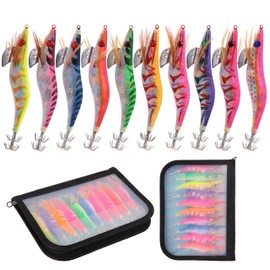 Squid Jig Shrimp Bait Set, 10 Pieces Luminous Fishing Lure Hard Fish Bait Shrimp Artificial Bait Kit Octopus Octopus Fishing Hooks Calamari Hooks for Saltwater Bait