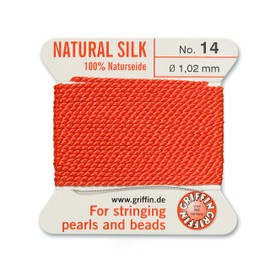 Griffin Silk Bead Cord Perlseide – Coral Color – Size 14 (1.02mm) – 2 Meters per Card – Stainless Steel Needle Attached – for Knotting Pearls, Gemstones, Crystals and Beads