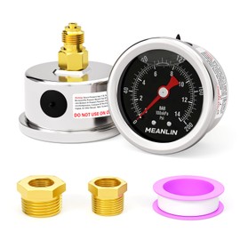 MEANLIN MEASURE 0~14Bar/0~200Psi Stainless Steel 1/8" BSP 1.5" Face Dial, Pressure Gauge with Glycerine Filling, Liquid-Filled, Rear Mounting (Black) with 1/4" BSP and 3/8" BSP Hex Socket