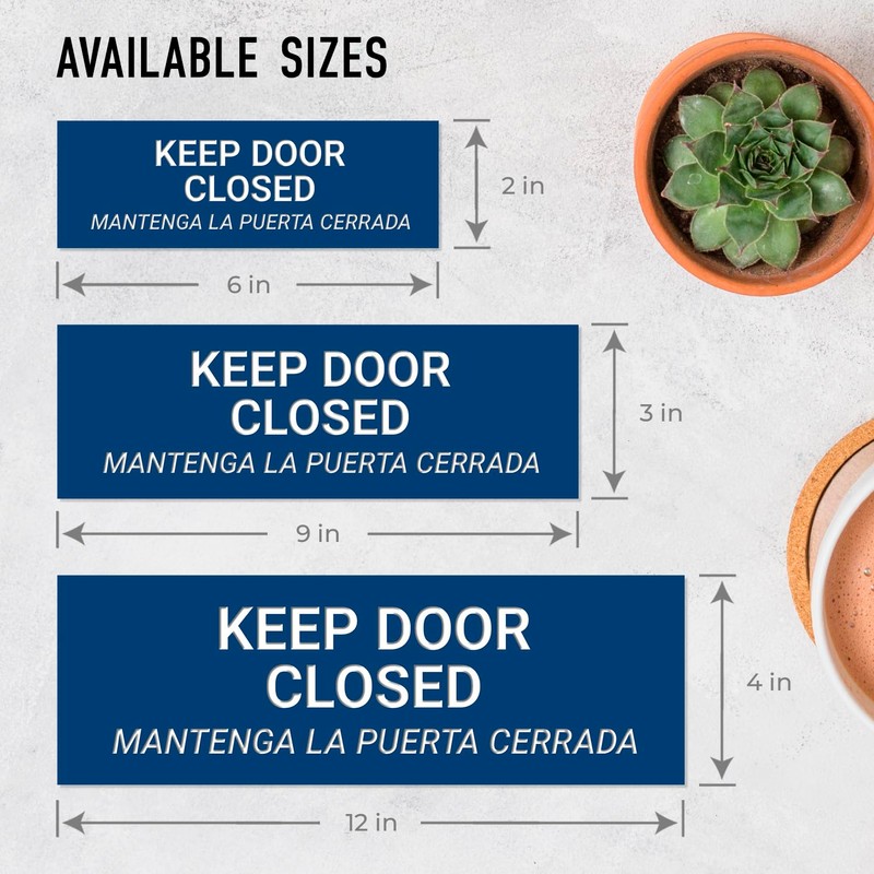 Keep Door Closed Bilingual Sign, Engraved, 3x9 Inches, Indoor/Outdoor Use,