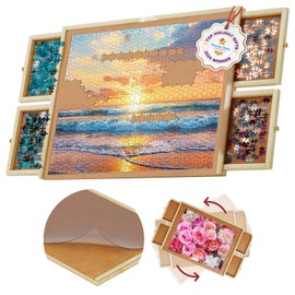 1000 Piece Wooden Jigsaw Puzzle Table - 4 Drawers, Rotating Puzzle Board | 30” X 22” Jigsaw Puzzle Board | Puzzles Cover Included - Portable Puzzle Tables for Adults and Kids by Beyond Innoventions