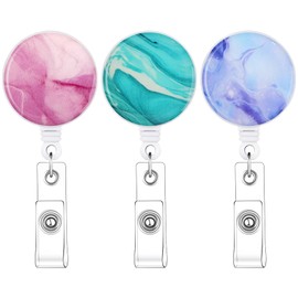 BESARME 3 Pack Badge Reels Retractable Badge Clip with Key Ring Retractable Badge Holders for Office Worker Teacher Nurse Student（Marble）