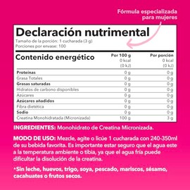 Creatina Monohidratada para Mujer en Polvo | Micronizada | Suplemento Alimenticio Preworkout para Ella | 3 g por Porción | Sin Sabor, Vegana y No Transgénica | 100 Porciones | 300 g
