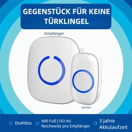 Wireless Doorbell, 300 m Range, Waterproof Front Door Bell Kit with Plug-In Receiver and Transmitter, 52 Melodies Doorbell with LED Flash (Green)