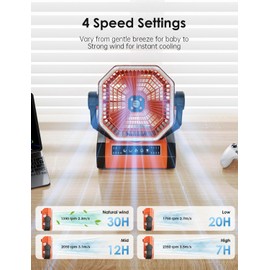 Orteen Rechargeable 9-Inch Portable Table Fan, 20000mAh Battery Powered Camping Fan with Auto Oscillation, Remote Control, LED Light, Hook - 20000mAh-Yellow