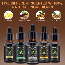 XIKEZAN Beard Oil 5 Pack w/Unscented,Cedarwood,Sandalwood,Vanilla,Orange,Christmas Stocking Stuffers Fathers Valentines Day Gifts Him Dad friend Husband,Beard Growth,Soften,Moisturizing,Strength