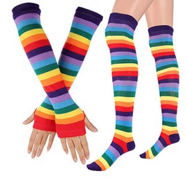 Bamboopack Rainbow Stripe Arm Warmers Knee Thigh High Socks Colorful Leg Warmers Fingerless Gloves Sleeve Set for Women Girls Cosplay Party Accessory Decoration