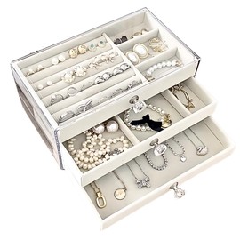 WELCOLLE Jewelry Box, Accessories, Storage, Accessory Case, Small Items, Jewelry Box, 3 Drawers, Transparent, Clear, Ring, Necklace, Piercing, Earrings, Bracelet, Watches, Girls (White Beige)