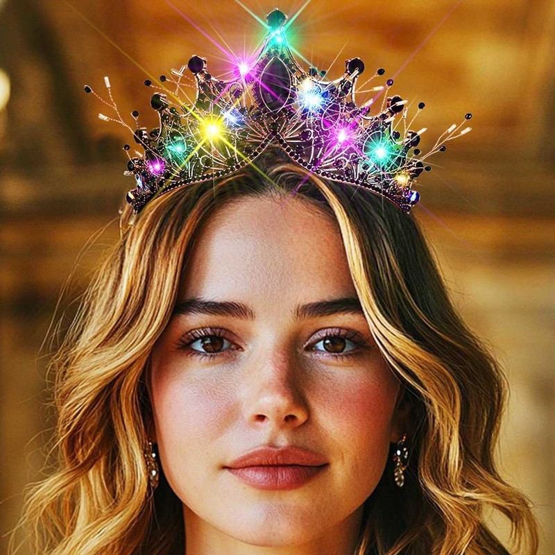Kilshye Light Up Black Rhinestone Crown LED Gothic Tiara Headband