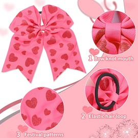 Valentine's Day Heart Hair Bows Ties Pink Bow Hair Tie for Girls 7 Inch Large Cheer Bows Glitter Love Heart Cheerleading Hair Bows Ponytail Holders Elastic Hair Ties Bands Valentines Hair Accessories