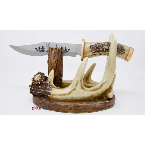 BestGiftEver Carved Handle Decorative Deer Buck Blade Knife with Faux Antler Display Stand Hunting Cabin Home Decoration
