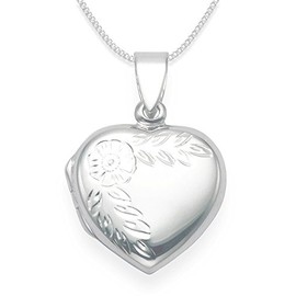 925 Sterling Silver Heart Locket Necklace with flower engraving on 16" curb chain 3gms - SIZE: 17mm x 17mm. Gift boxed 8021