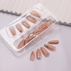 Press on Nails Almond Fake Nails French Tip False Nails Press ons Medium Gold Line Glue on Acrylic Nails Glossy Full Cover for Women Manicure Decoration 24Pcs