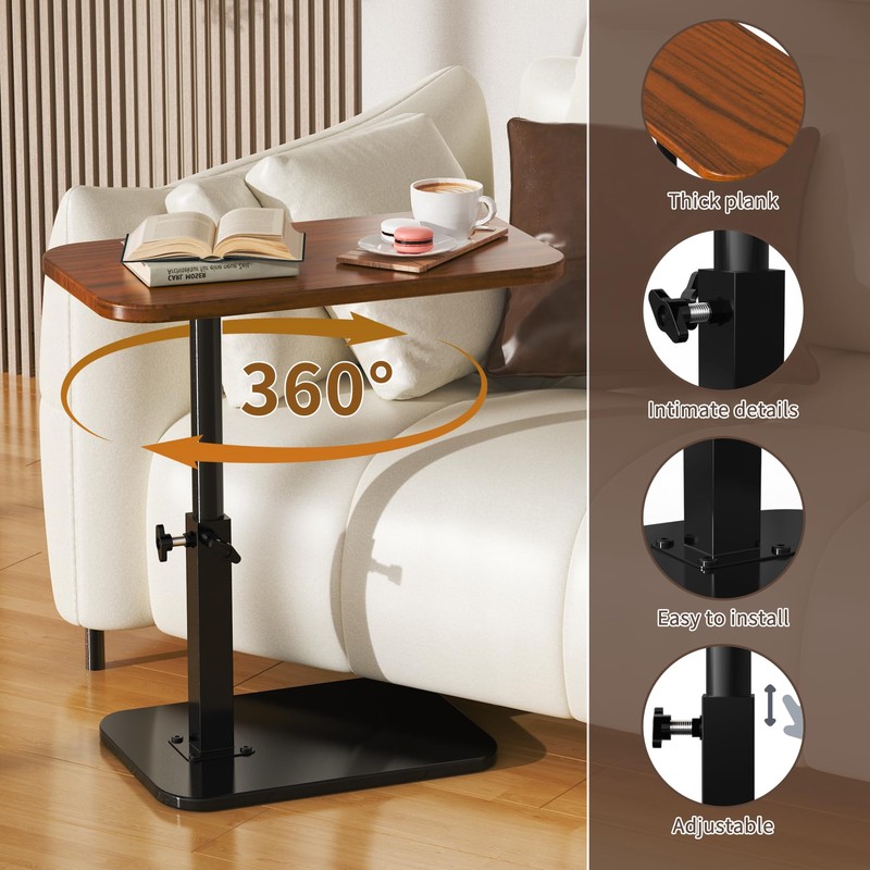 Botion Adjustable Height C-Shaped Table, 360° Swivel TV Tray, Small
