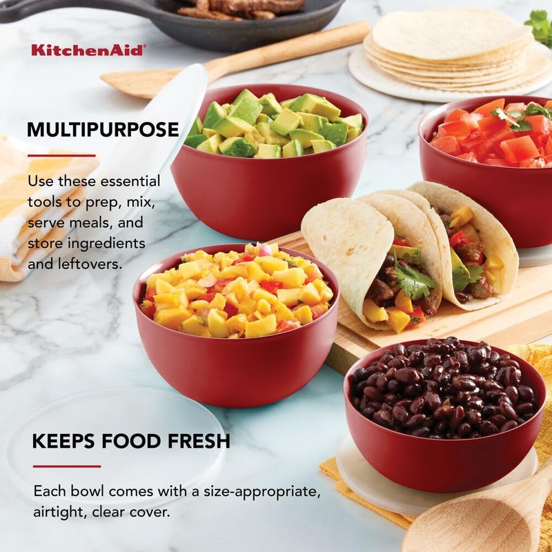 KitchenAid Prep Bowls with Lids, Set of 4, Empire Red