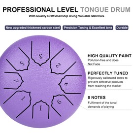 MUSCELL Steel Tongue Drum 6 Inches 8 Notes, Hand Drum with Bag, Music Book, Drumsticks, Mallet Holder and Finger Paddles, Thickened Carbon Steel, Continuous Echo for Meditation or Yoga (Purple)