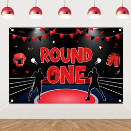 Wonmelody Boxing Theme 1st Birthday Party Decorations 5 * 3ft Round 1 Backdrop Banner Black Red Boxing Party Hanging Decor Fight Sports Wrestling Party Supplies for 1st Boxer Match Birthday Party