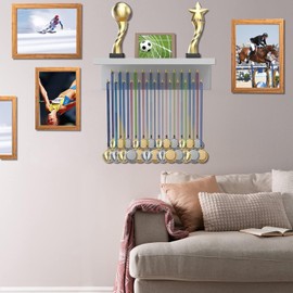 WRONWA Medal Hanger Display with Shelf, Wall Mounted Bamboo Trophy Shelf with 25 Steel Hooks