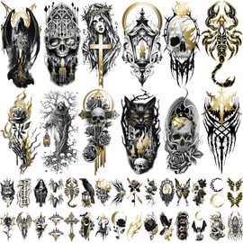 42 Sheets Gothic Temporary Tattoo, 12 Sheets Metallic Skull Cat Snake Spider Crow Half Arm Scary Fake Tattoos for Adults Men Women, 30 Sheets Small Tattoos Stickers for Party Supplies