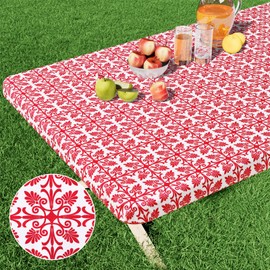 misaya Rectangle Vinyl Table Cloth, Elastic Fitted Flannel Backed Tablecloth, 100% Waterproof Plastic Table Cover Fits 4 Foot Folding Tables for Picnic, Camping, Outdoor (Red, 30" x 48")