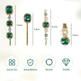 BRBASAP 4PCS Emerald Hair Accessories Vintage Green Crystal Pearl Gold Artificial Emerald Pins Antique Imitation for Women 1920s Style Decorative Clips Dark Green Pin for Wedding Elegant Hairpin