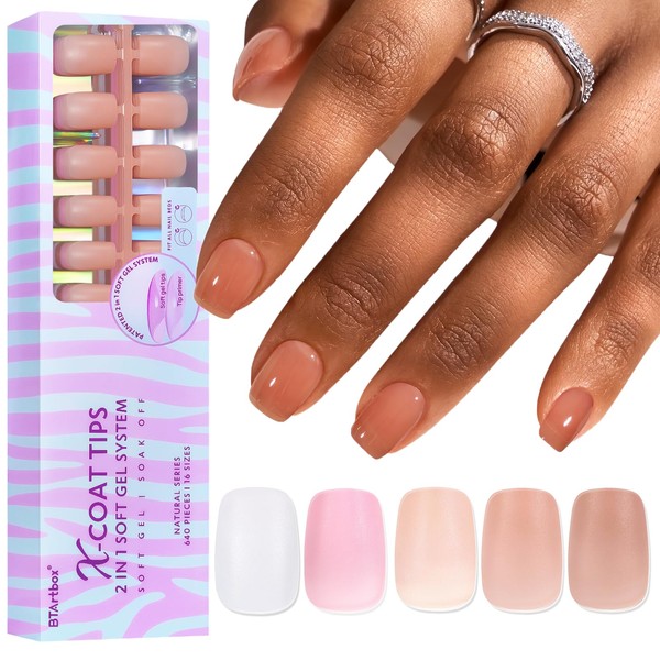 Short Square Gel Nail Tips 640pcs - BTArtbox Press On Nails 2 in 1 X-coat Tips Pre-applied Tip Primer Cover 16 Sizes, 5 Solid Colors Full Cover False Nails Tips for Women Girls DIY