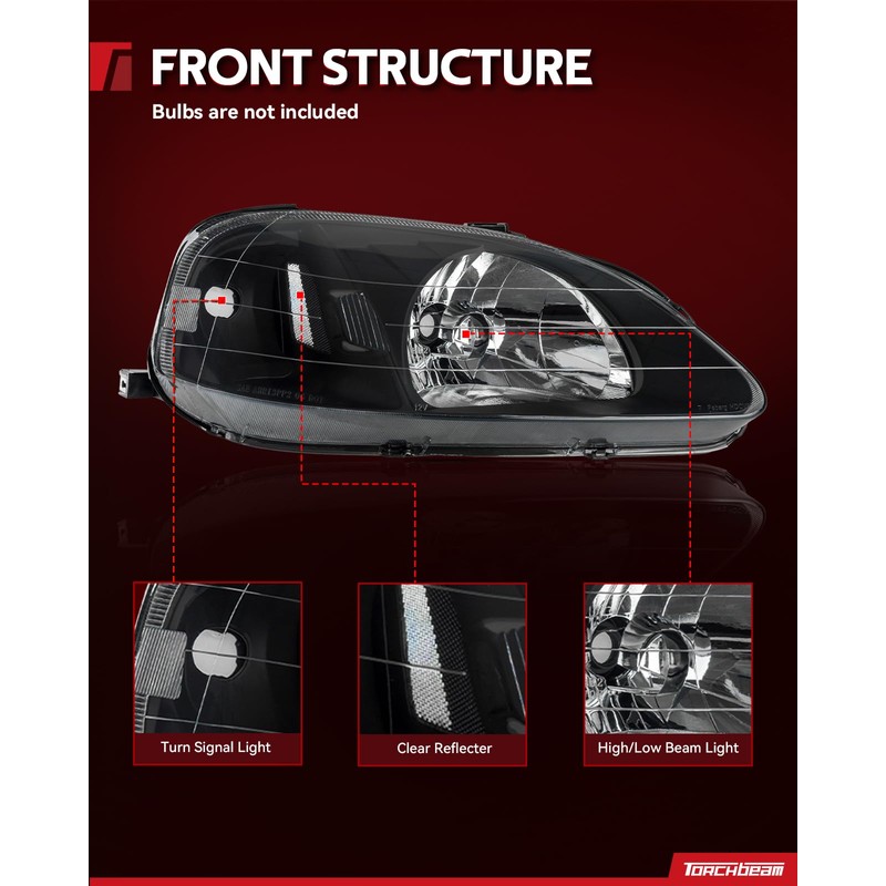 Torchbeam Headlight Assembly, Replacement for Civic 1999-2000, Bumper Headlamp Black