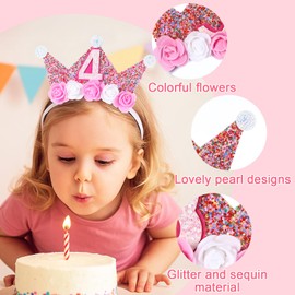 DOPENSPI 4 Year Birthday Crown Girl, Princess Crown Birthday Headband with Rose Flowers Gift Girls Birthday Girls Gifts Girls 4 Years (4 Years)