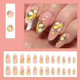 BQZQPAMZ 30pcs Yellow Flower Almond Shape Fake Nails Spring Press on Nails Short Glossy Flower Glue on Nails Reusable Acrylic Nails for Women DIY Spring Summer Manicure Decoration Supplies