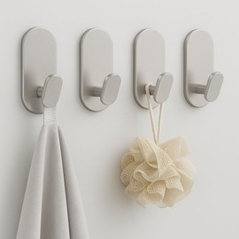 Adhesive Towel Hooks for Bathrooms 4 Pack Brushed Nickel Stainless Steel and Zinc Alloy Sticky Wall Hooks for Hanging Heavy Duty Self Adhesive Robe Shower Hanger for Kitchen, Closet, Cabinet, Door