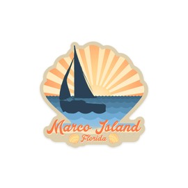 Die Cut Sticker Marco Island, Florida, Beach Scene with Rays and Sailboat, Vinyl Sticker 3 to 6 inches, (Waterproof Decal for Cars, Water Bottles, Laptops, Coolers), Large